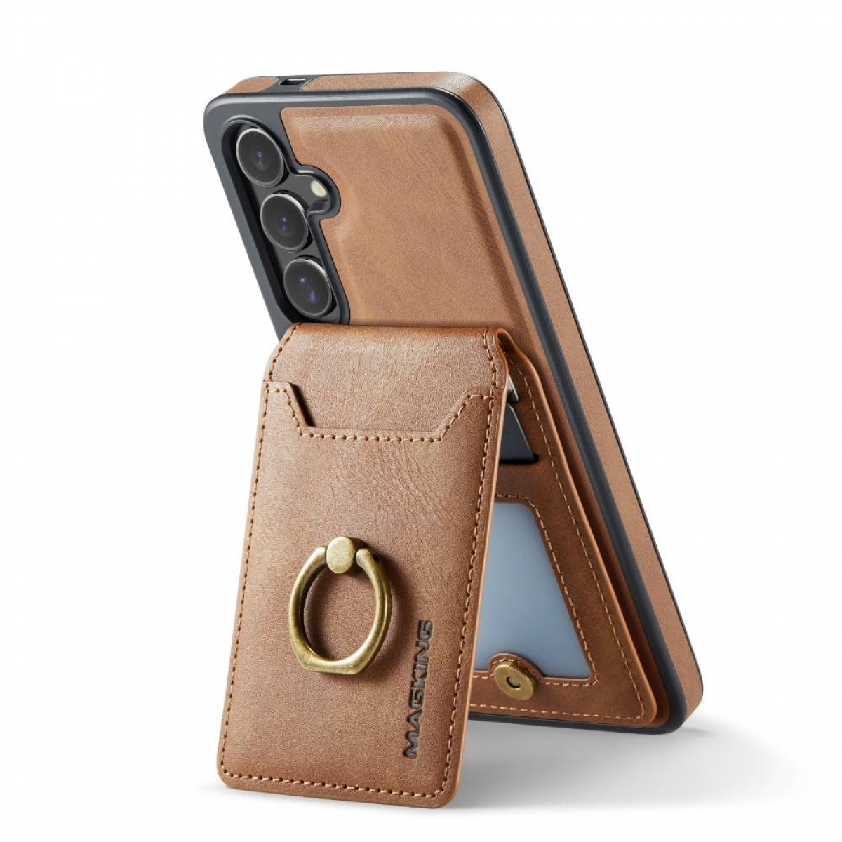 Braune Leder-Handyhülle mit Kartenhalter und Ring. Telefon angewinkelt. Goldener Ring und Nähte sichtbar.