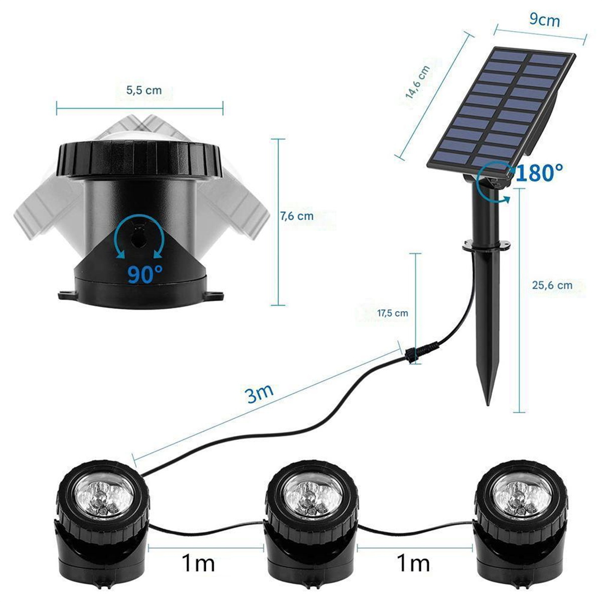 Ein Solar-Gartenlicht-Set. Drei Lichter sind mit einem Solarpanel verbunden, mit angegebenen Abmessungen.
