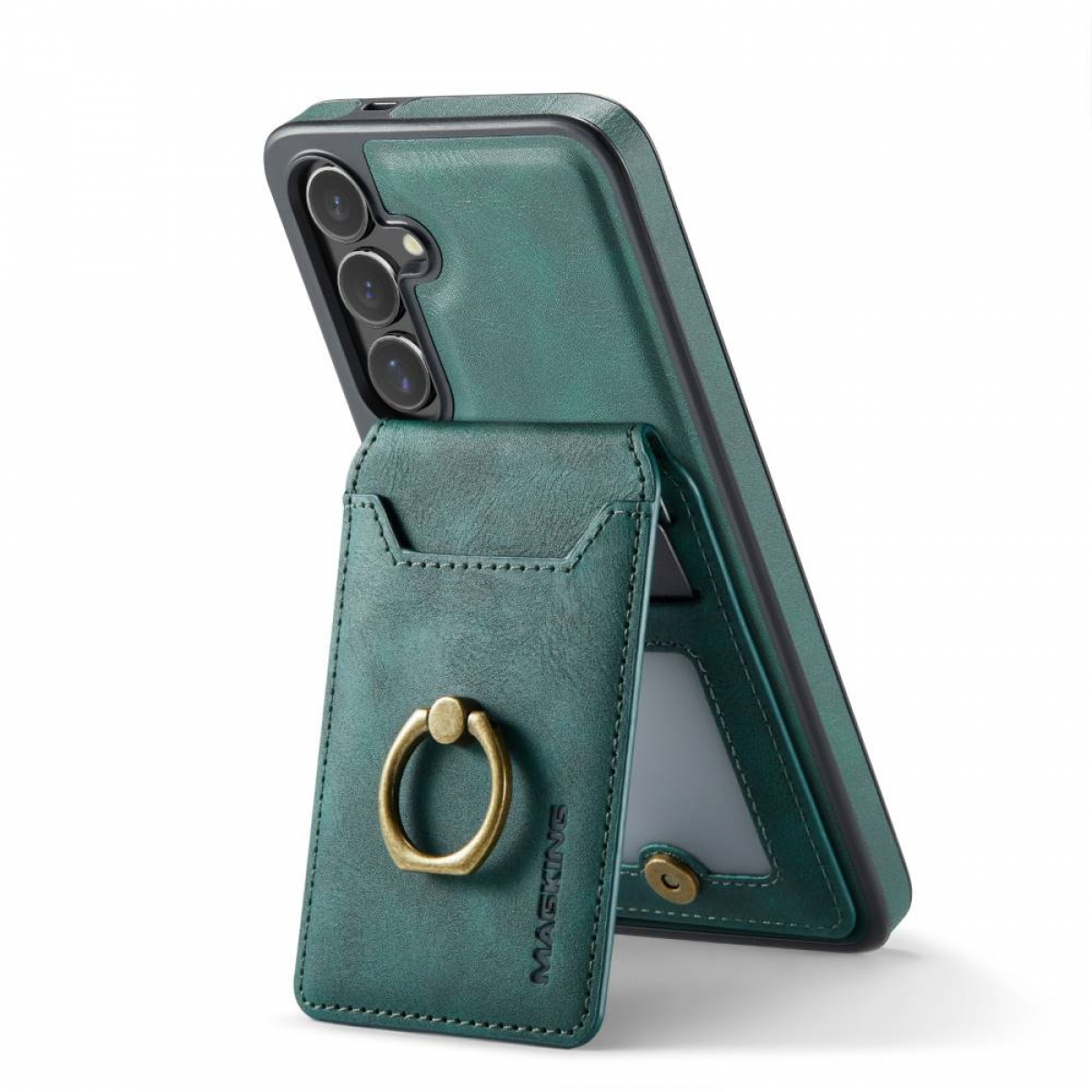 Grüne Handyhülle mit Kartenfach und Goldring. Telefon im Hintergrund.