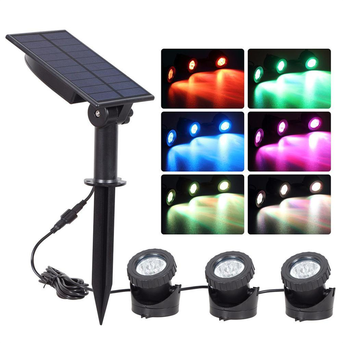 Ein Solarpanel mit 3 Strahlern. Die Strahler zeigen verschiedene Farben: Rot, Grün, Blau und Rosa.