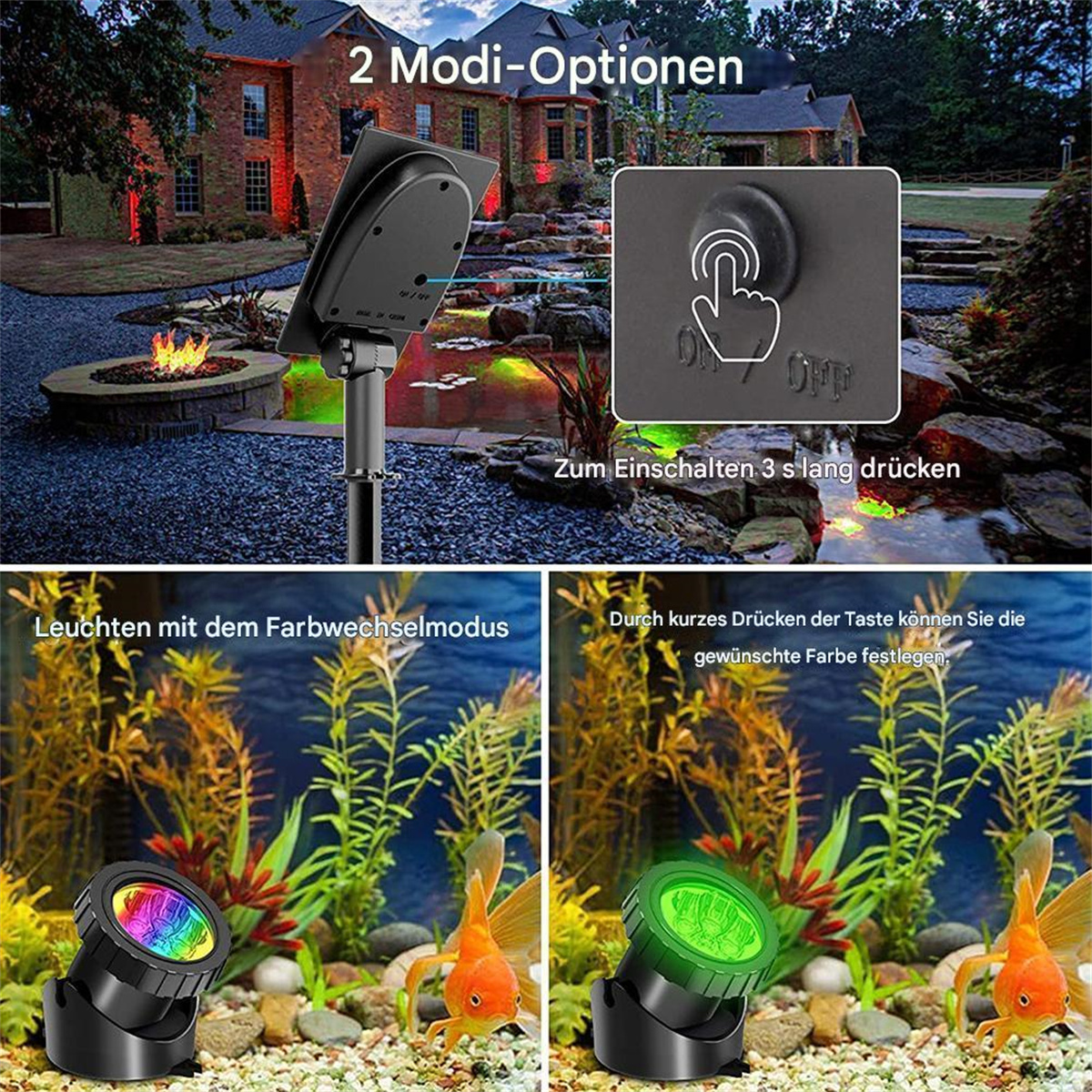 Aquarium mit farbigen Lichtern. Eines zeigt Farbwechsel, das andere grünes Licht. Beide haben Goldfische.