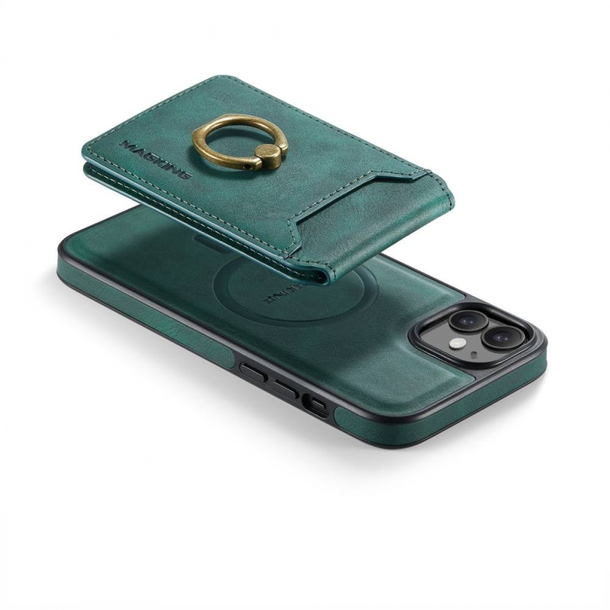 Grüne Leder-Handyhülle mit Geldbörse und Ringhalter. Schwarzes Telefon im Case.