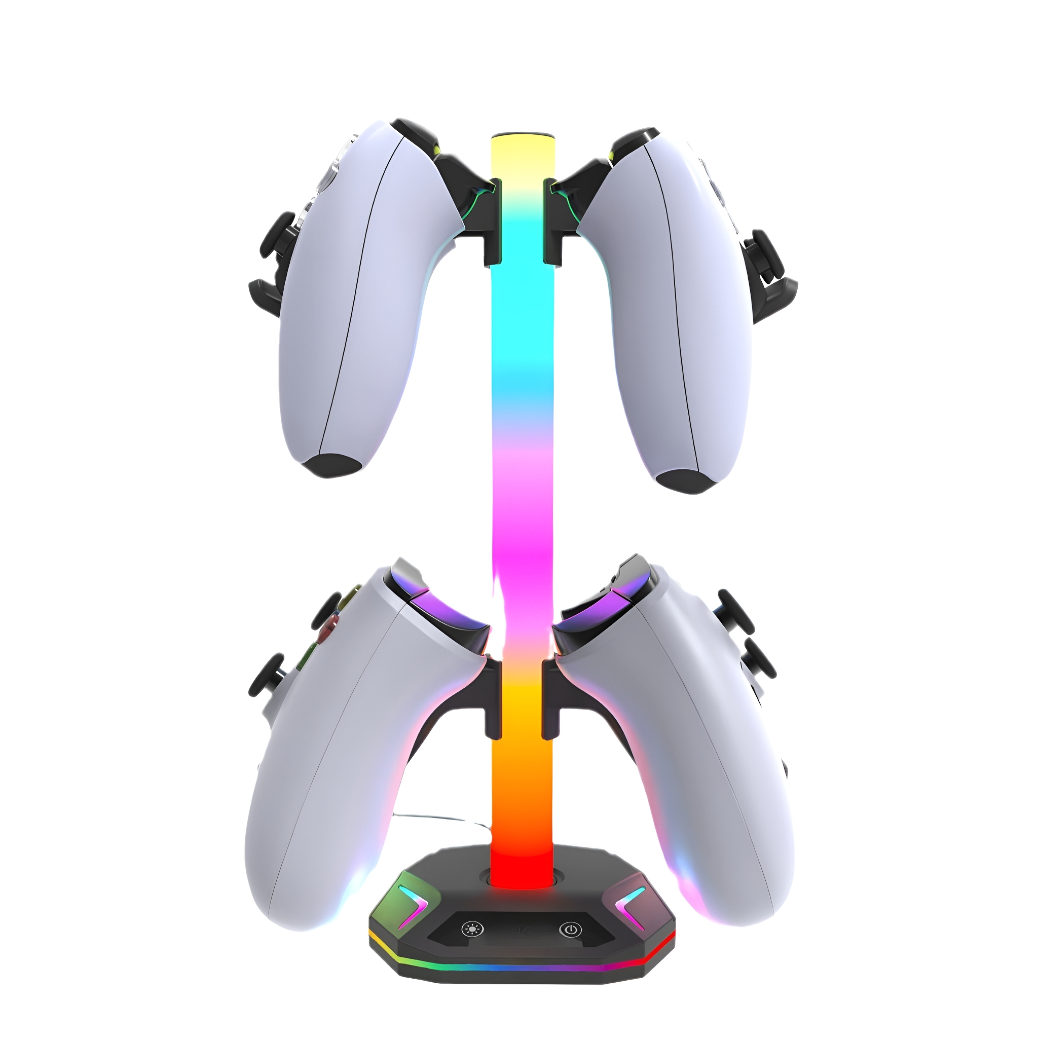 Ein weißer Ständer mit farbigen Lichtern hält vier weiße Gamecontroller.