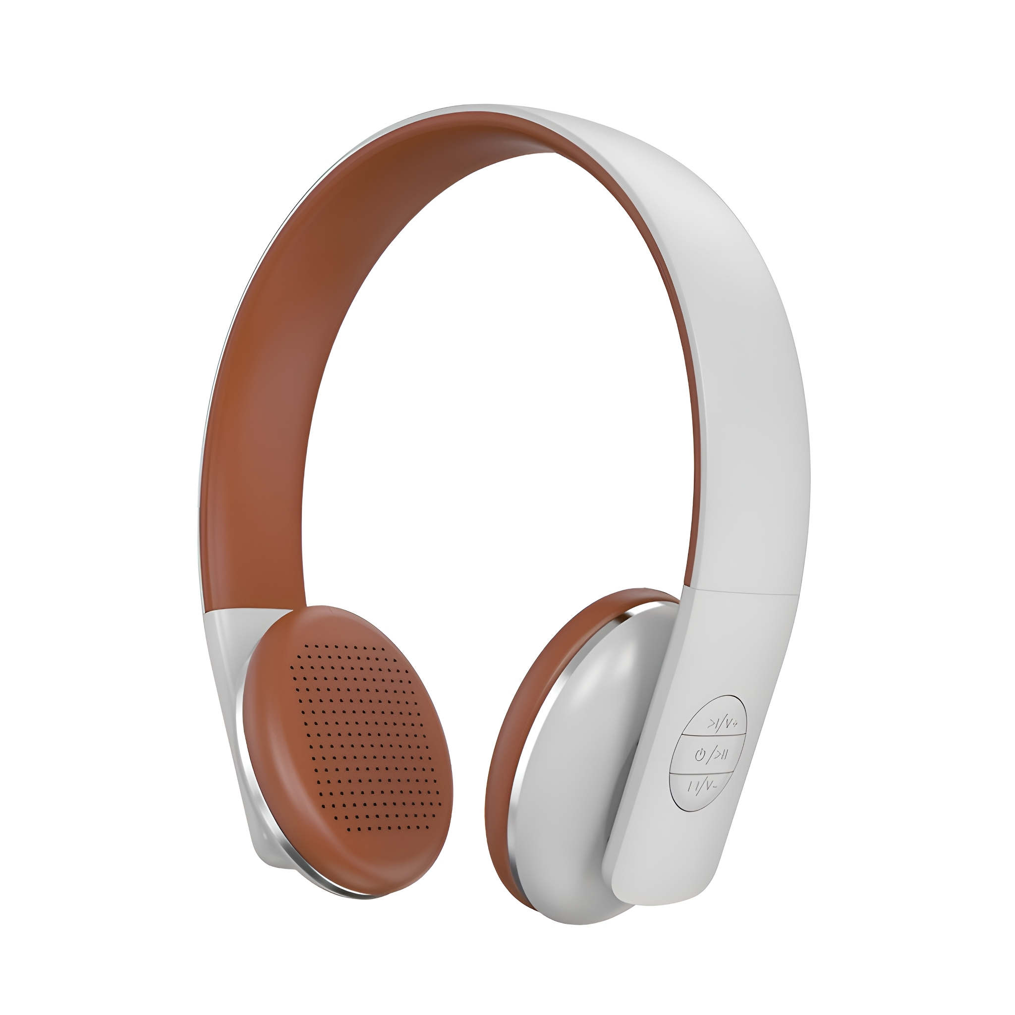 Weiße und braune Kopfhörer. Braune Ohrmuscheln. Weißes Kopfband. Knöpfe an der Seite.