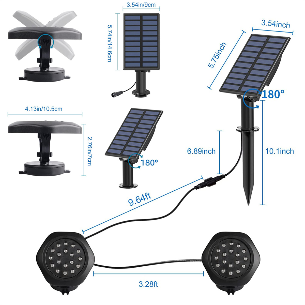 Solarpanel-System. Panels, einstellbar, mit Scheinwerfern verbunden, mit Abmessungen und einem Messwinkel.