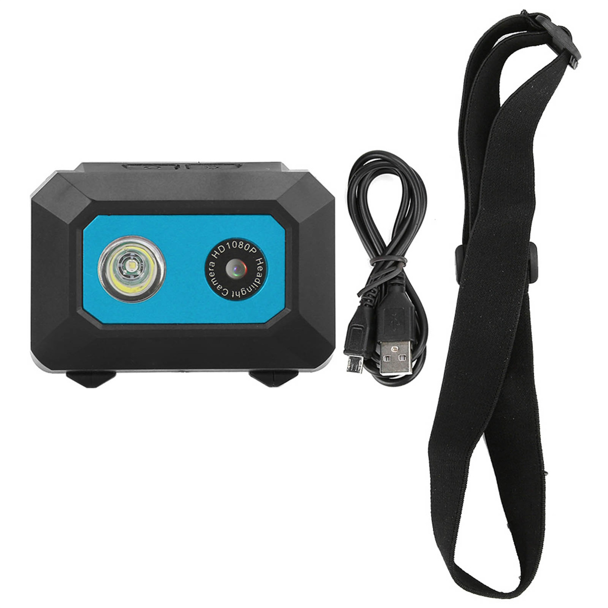 Eine schwarz-blaue Stirnlampenkamera. Sie hat ein Kameraobjektiv und ein Kabel.