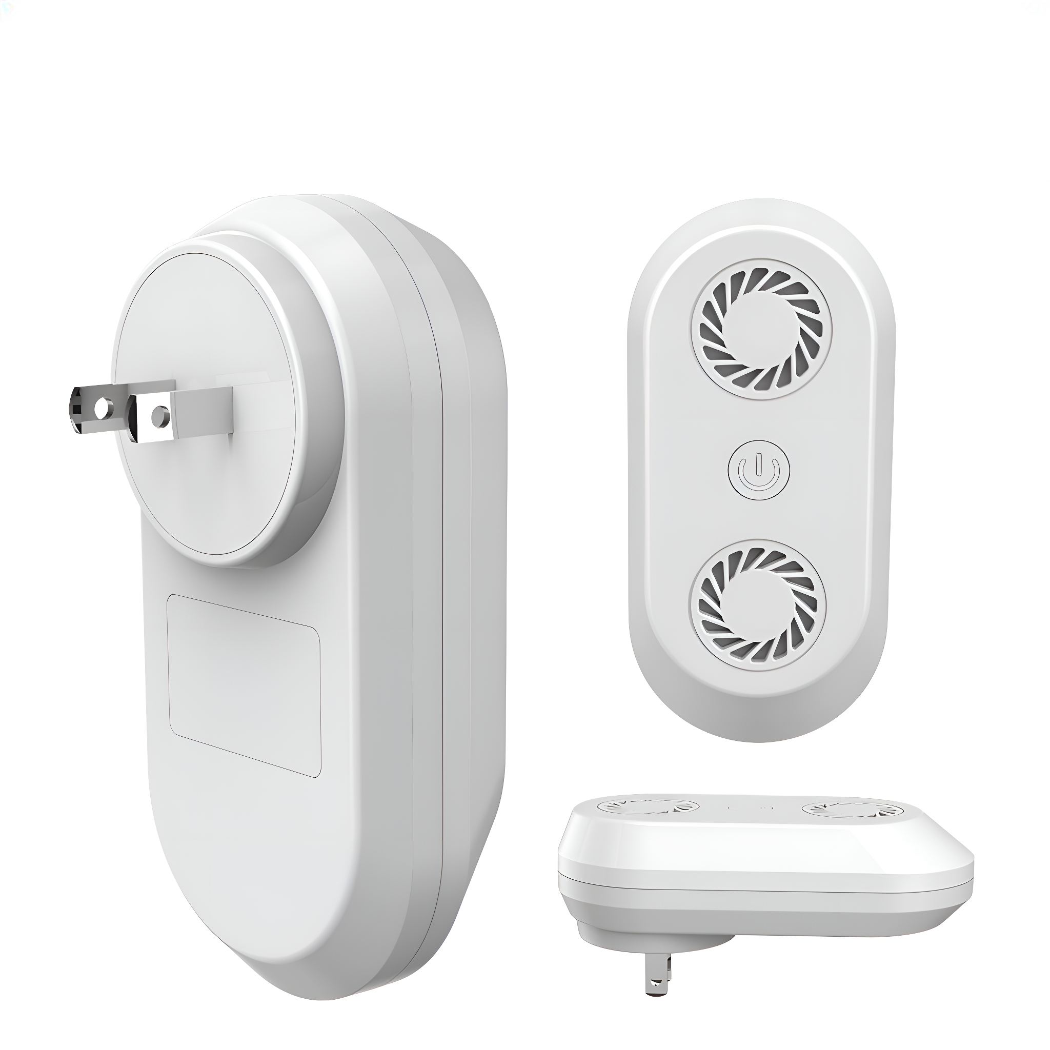Drei weiße Geräte mit Stecker. Zwei Geräte haben kreisförmige Öffnungen, eins rechteckige Form.