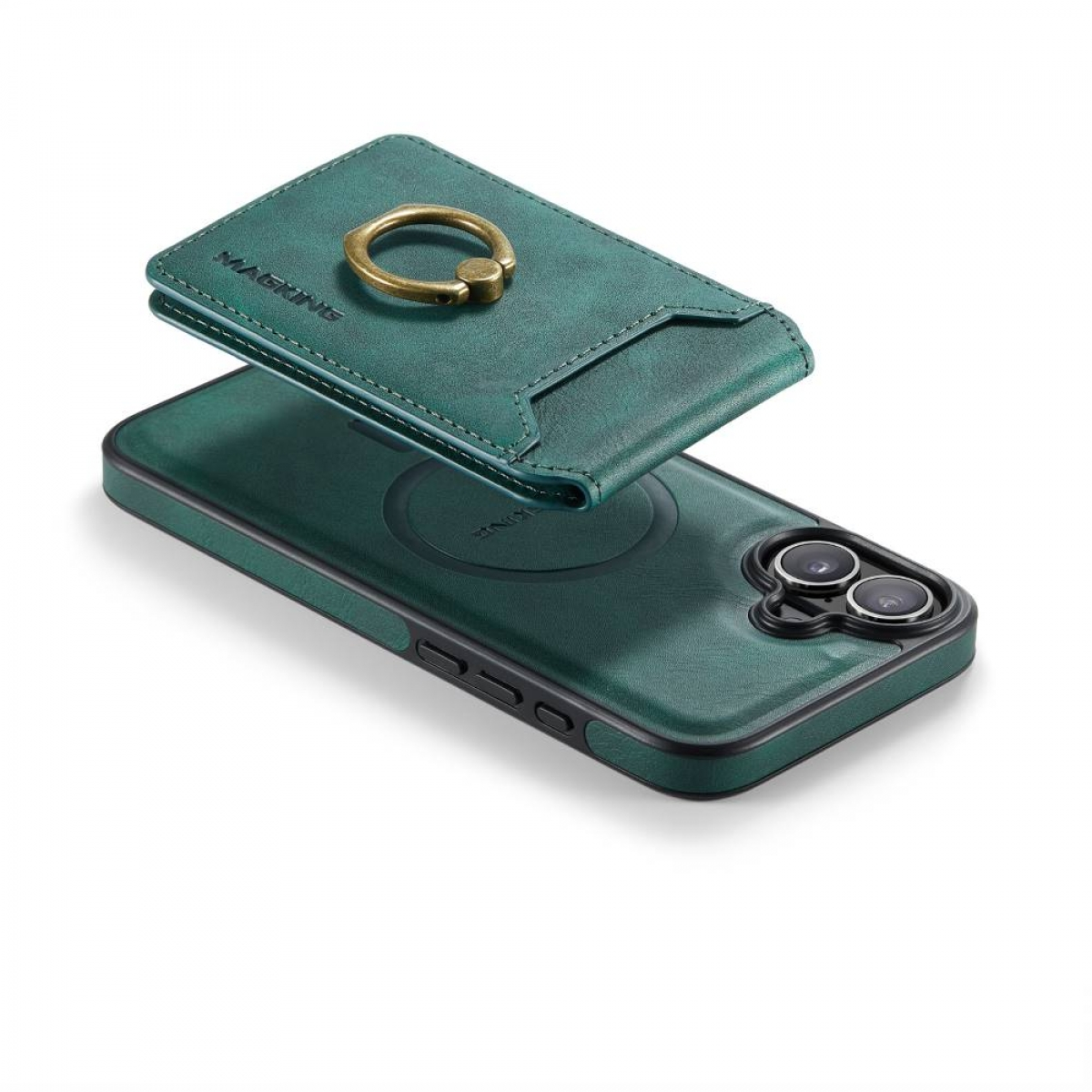 Grüne Handyhülle mit Kartenhalter und goldenem Ring. Telefon sichtbar.