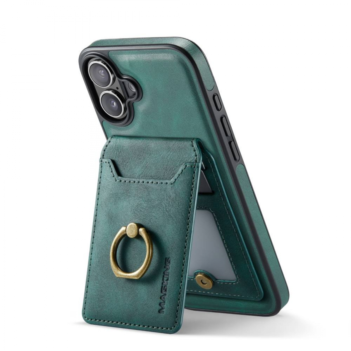 Grüne Handyhülle mit Kartenhalter und Ring. Telefon ist geneigt.