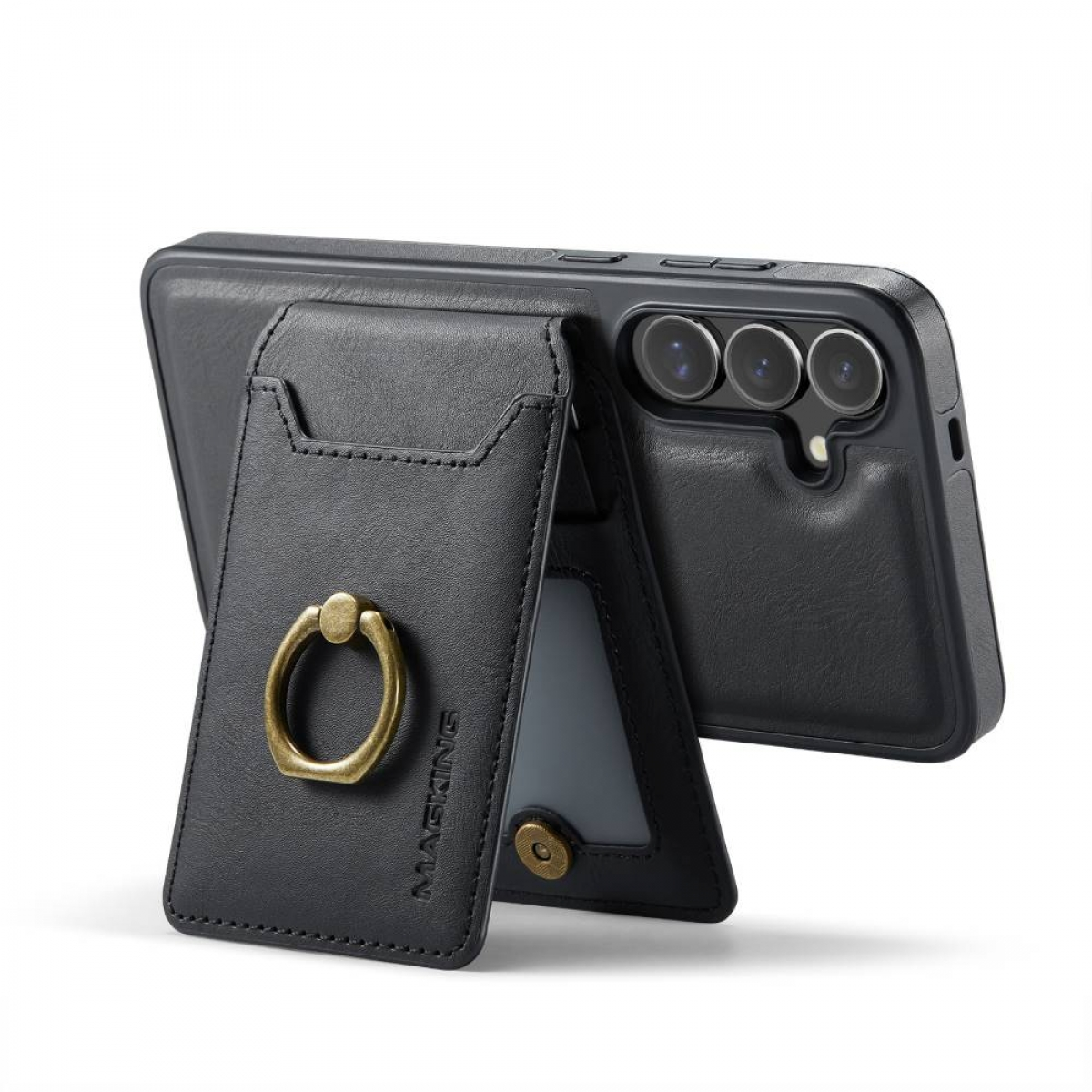 Schwarze Handyhülle mit Ringhalter. Das Telefon steht in einem Gehäuse.