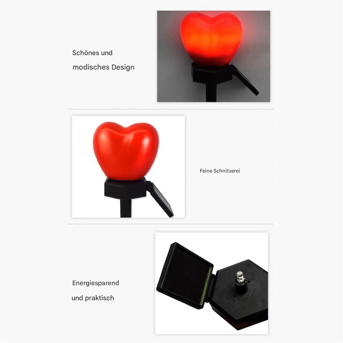 Herzförmige Solar-Gartenleuchten. Rotes Herz, schwarze Basis und Solarpanel. Verschiedene Aufnahmen des Produkts.