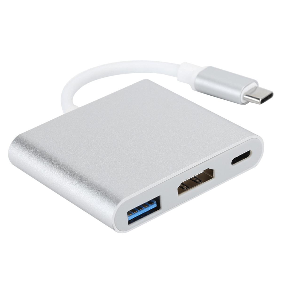 Silberner USB-C-Hub mit HDMI- und USB-Anschlüssen. Weißes Kabel zum USB-C-Anschluss.