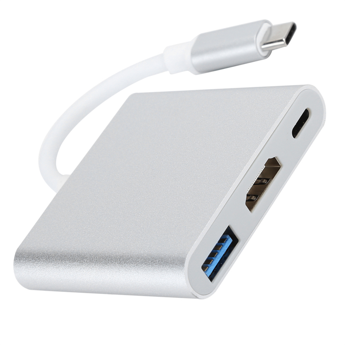 Silberner USB-C-Hub mit HDMI- und USB-Anschlüssen. Weißes Kabel verbindet sich mit USB-C.