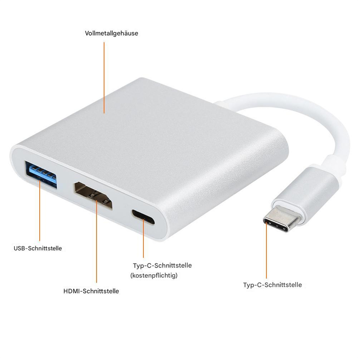 Silberner USB-C-Adapter mit USB-, HDMI- und USB-C-Anschlüssen.