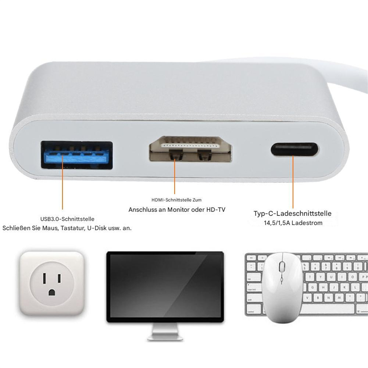 Ein grauer Hub mit USB-, HDMI- und USB-C-Anschlüssen, mit Monitor, Maus und Tastatur.