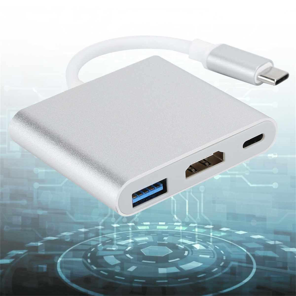 Silberner USB-C-Adapter mit HDMI- und USB-Anschlüssen, auf hellblauem Muster.