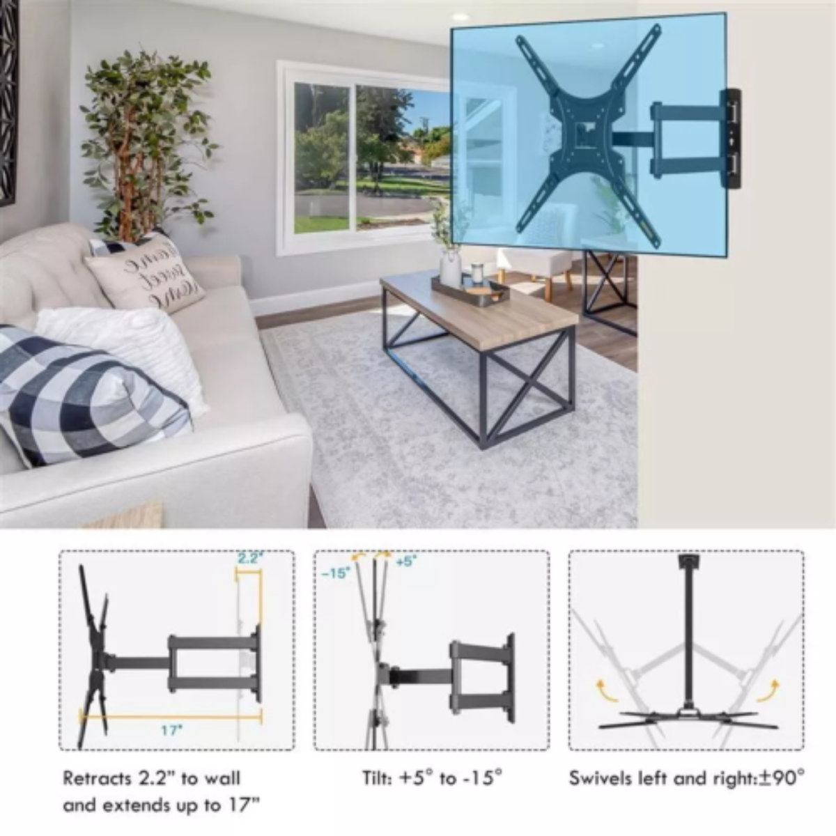 TV-Halterung an einer Wand mit Diagrammen, die Neigungs- und Schwenkeinstellungen zeigen.