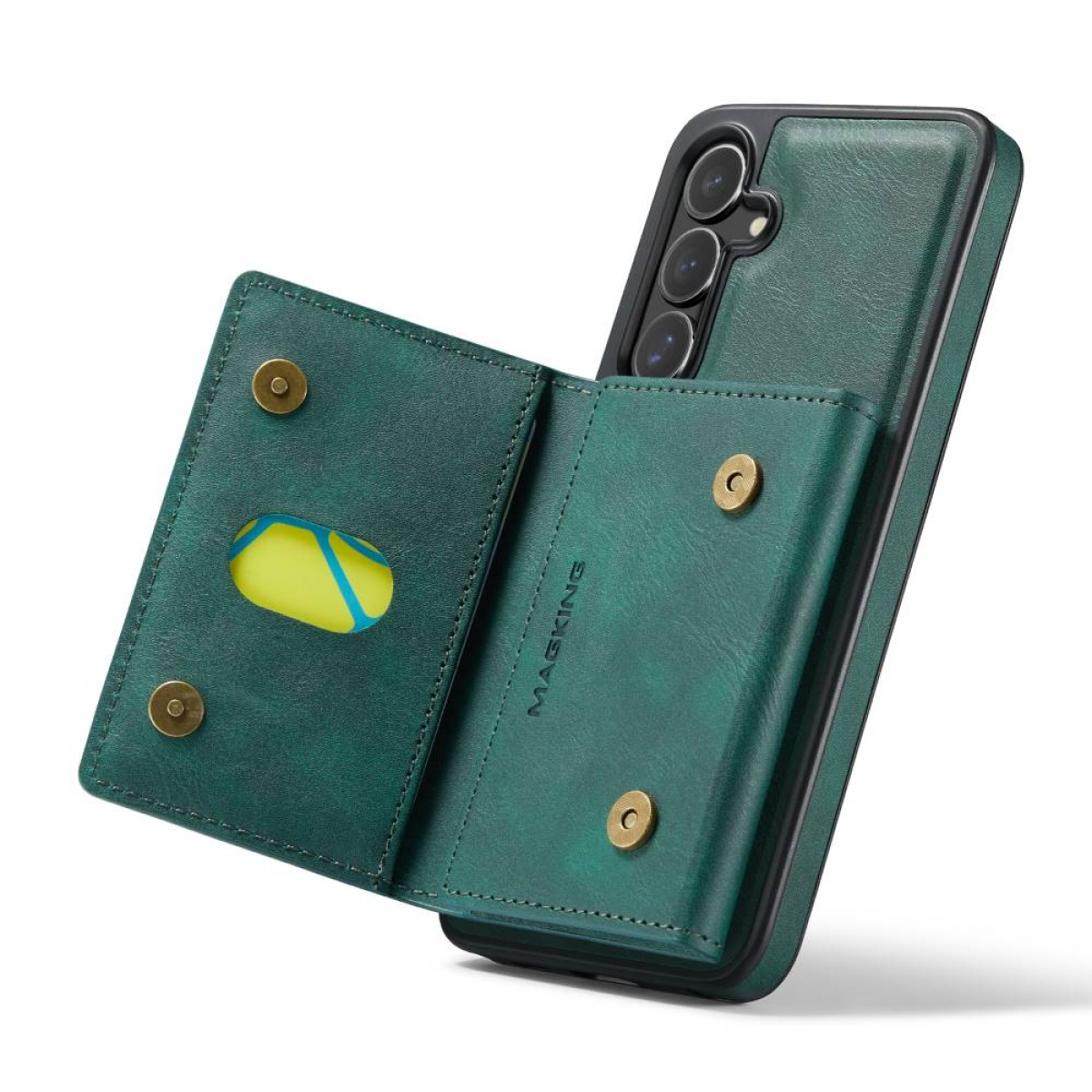 Eine grüne Handyhülle mit Kartenhalter. Die Hülle ist an einem Telefon befestigt.