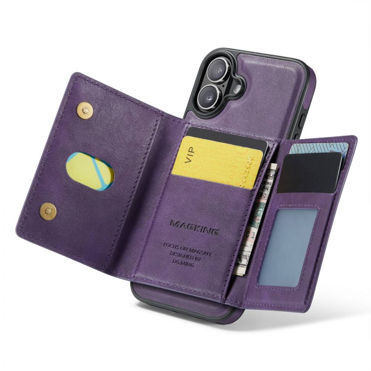 Lila Handyhülle mit offener Brieftasche. Karten und Geld sind sichtbar. Das Telefon hat eine Kamera.