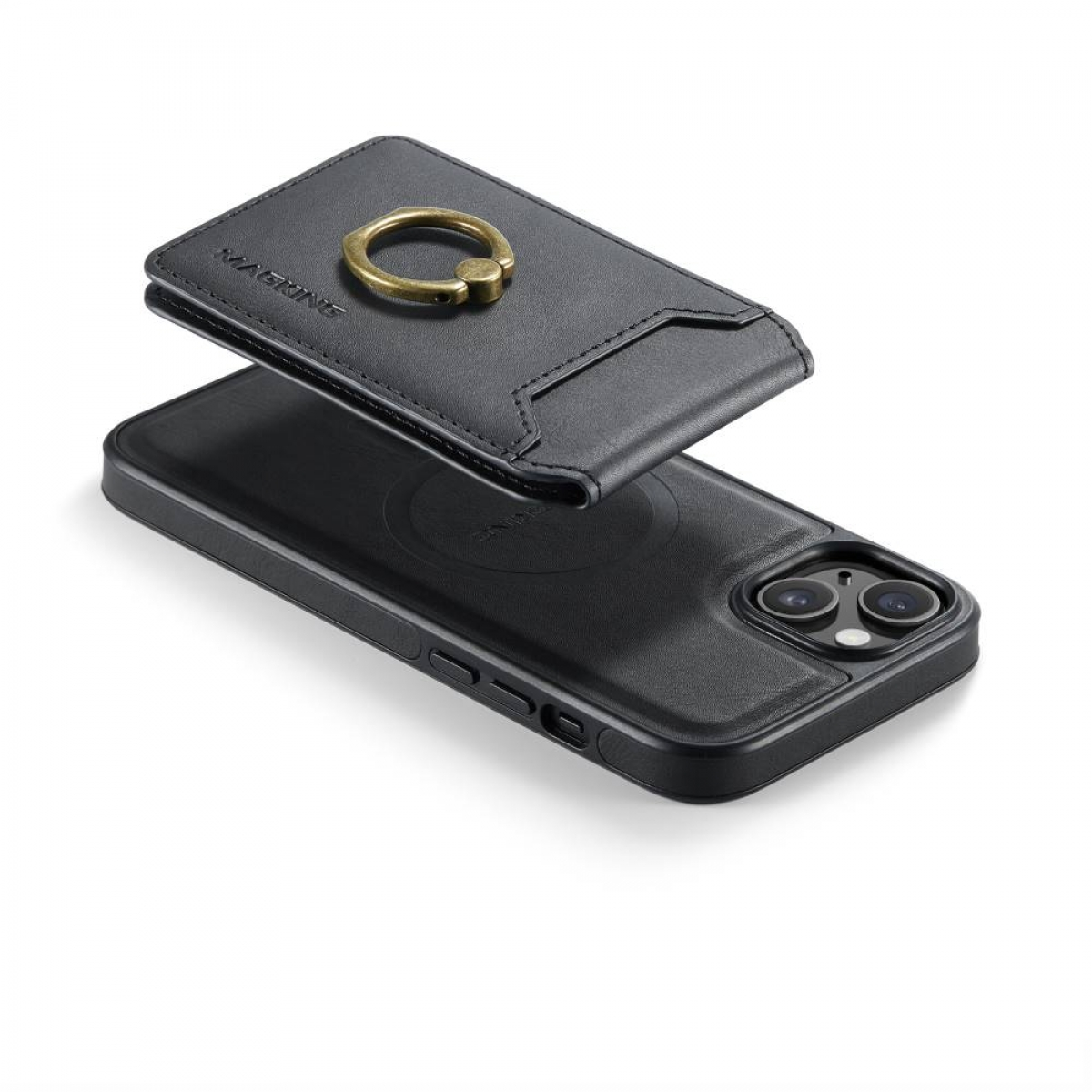 Eine schwarze Handyhülle mit Kartenhalter und Metallring. Das Telefon ist sichtbar. Der Hintergrund ist weiß.
