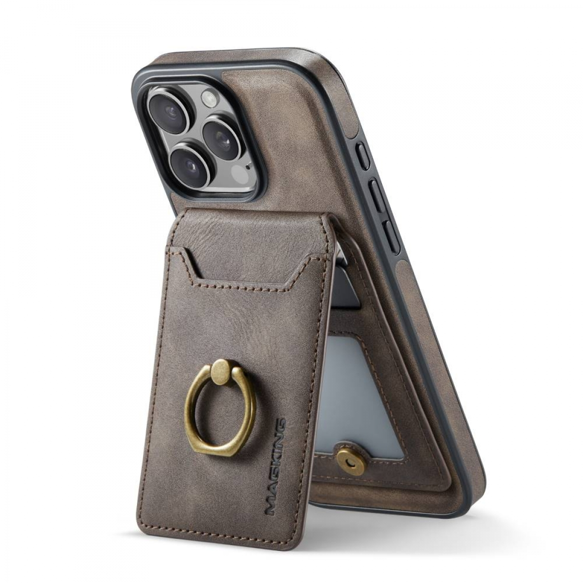 Eine braune Handyhülle mit Kartenhalter und Ringständer, an einem Telefon befestigt.
