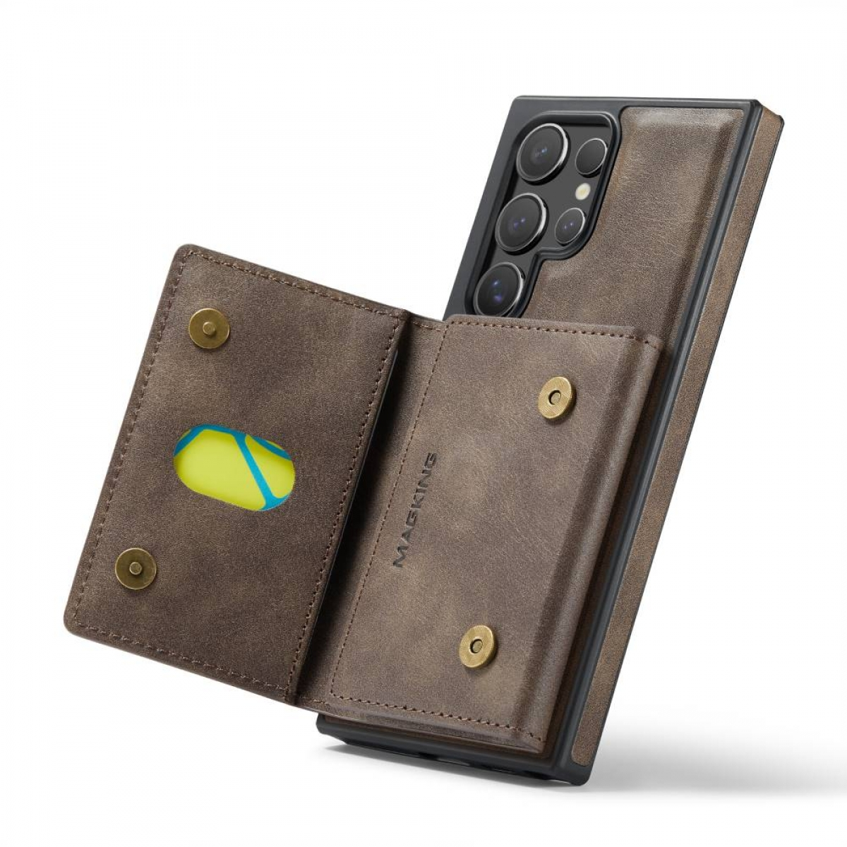 Eine braune Leder-Handyhülle mit Kartenhalter und Telefon.