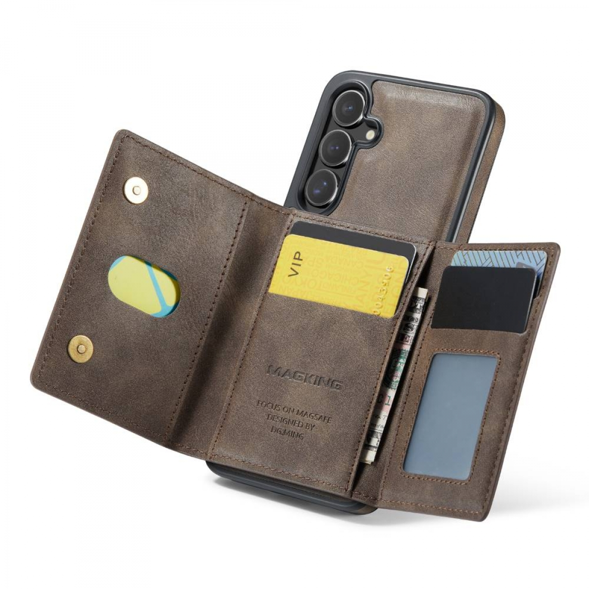 Braune Leder-Handyhülle mit Geldbörsenfächern, Karten und einem Telefon.