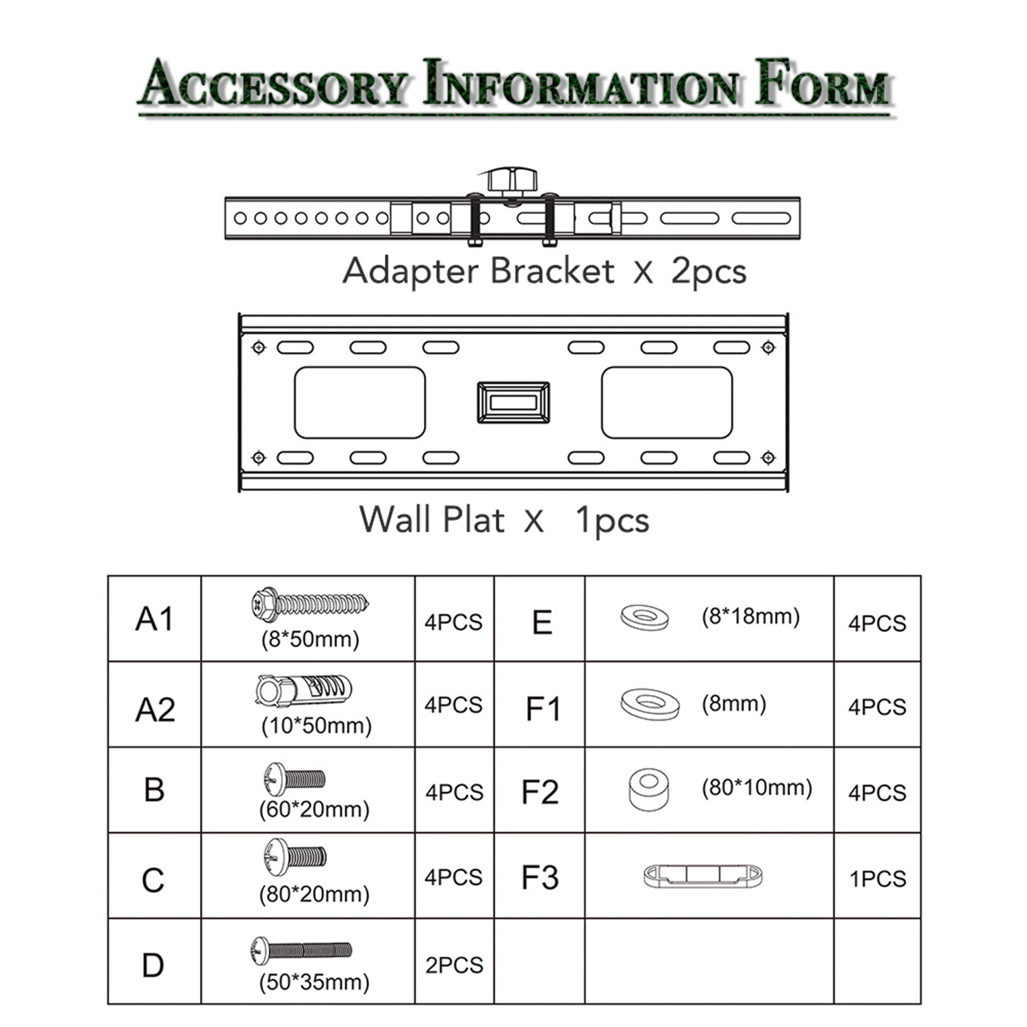 Diagramm mit Teilen für eine Halterung für einen Fernseher oder Monitor.