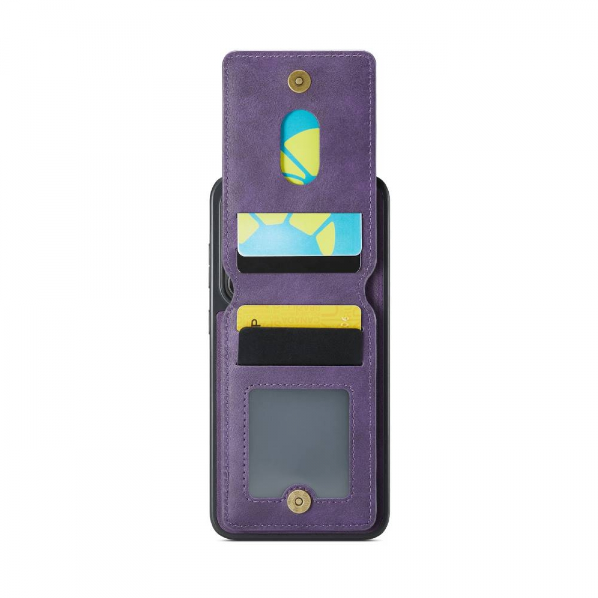 Schwarze Handyhülle mit magnetisch abnehmbarer Geldbörse. Das Telefon ist auf weißer Oberfläche.