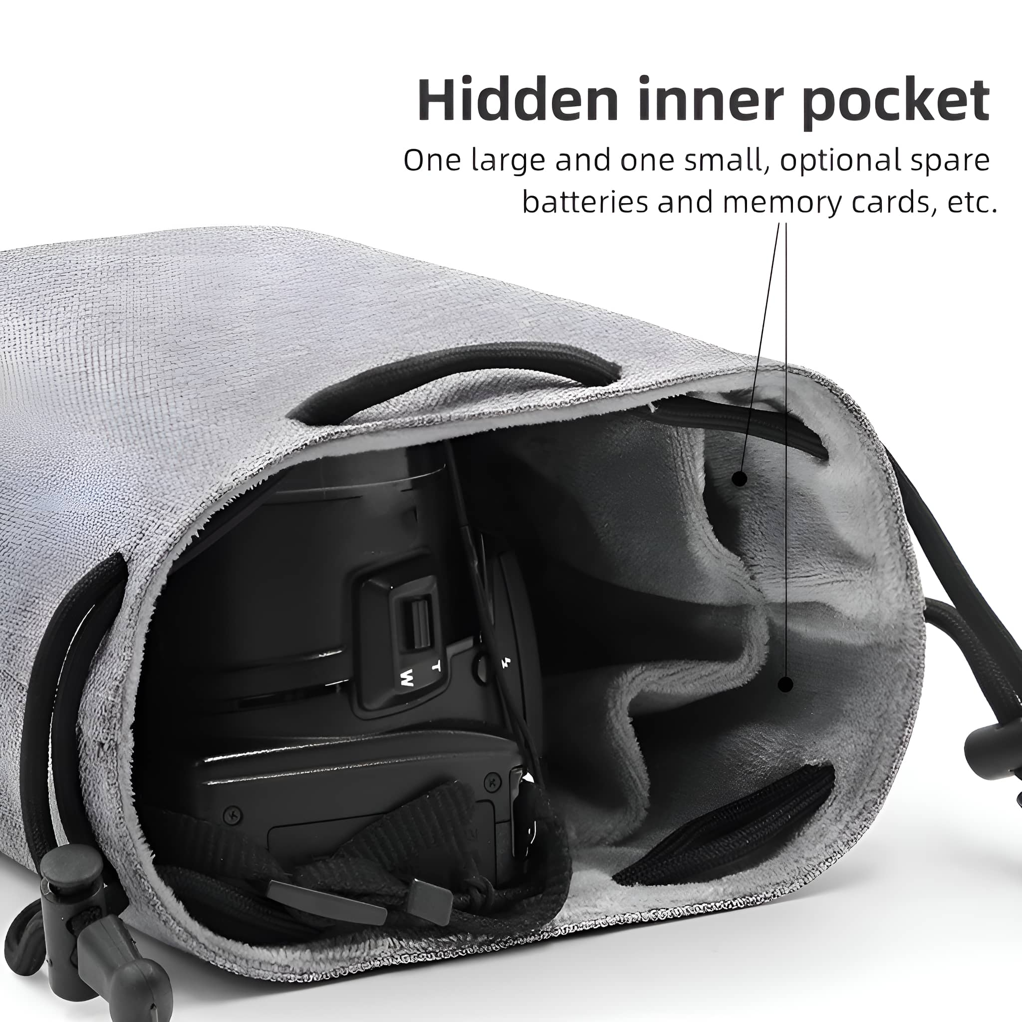 Eine graue Kameratasche mit einer Kamera darin, beschriftet mit 'Hidden inner pocket'.