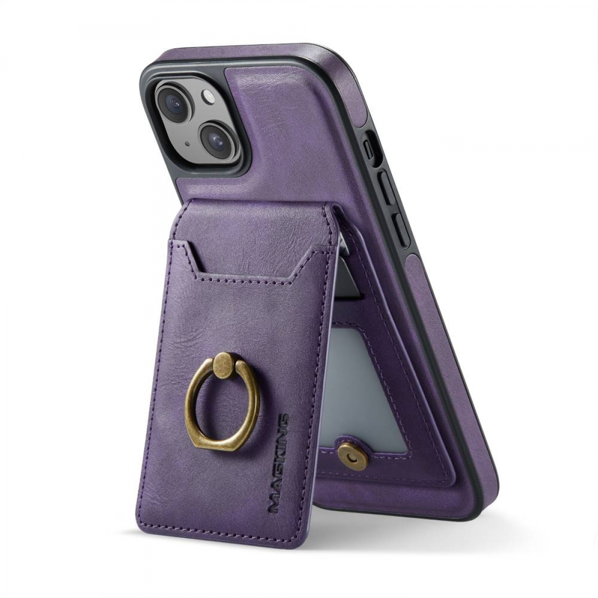 Lila Handyhülle mit Kartenhalter und Ring. Telefon abgewinkelt, weißer Hintergrund.
