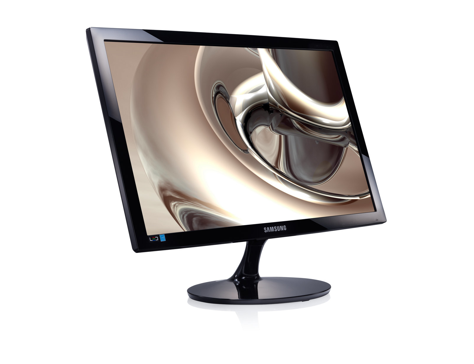 Samsung Monitor mit schwarzem Rahmen, glänzender Oberfläche und abstraktem Design.