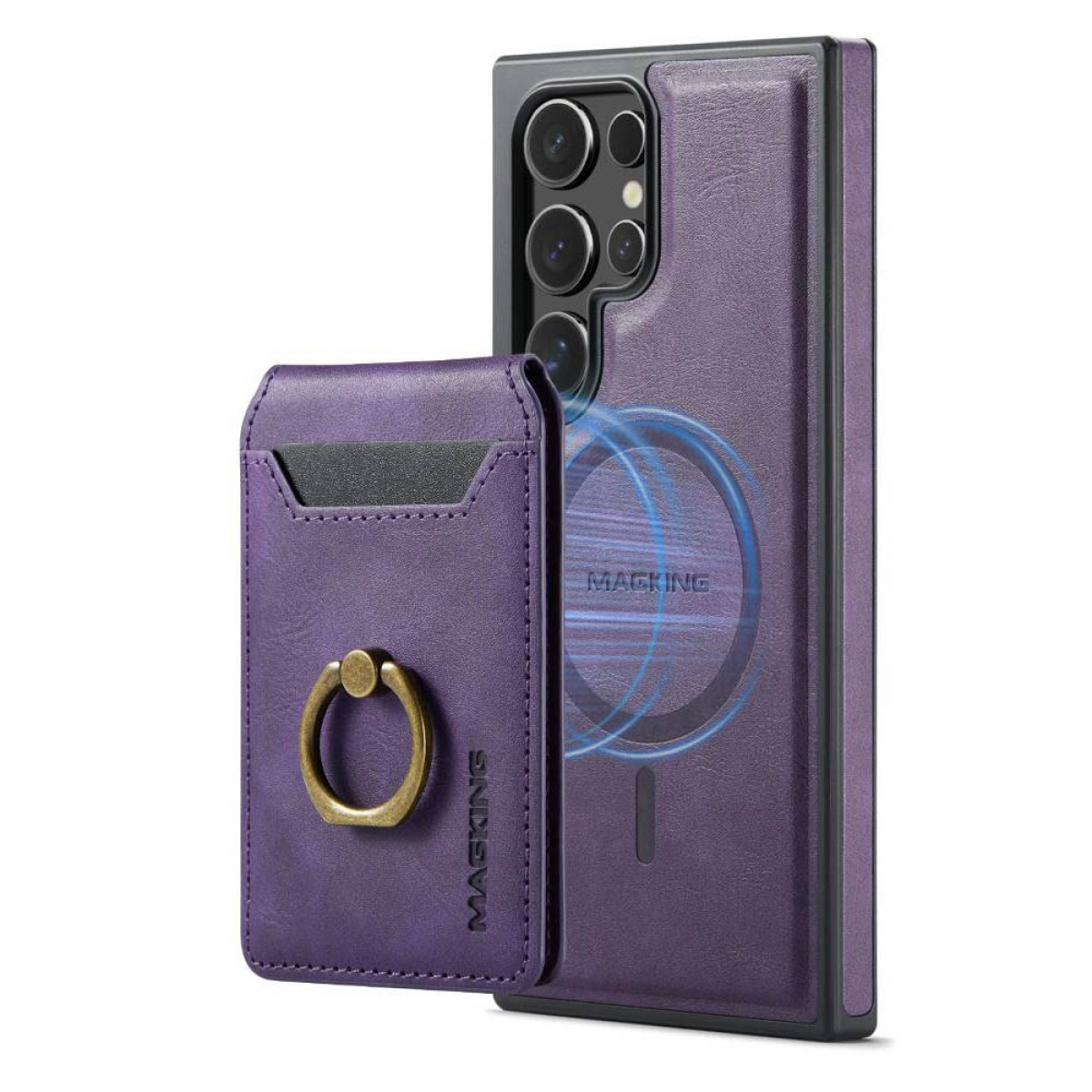 Lila Handyhülle mit Kartenhalter und Ring. Ein Telefon ist eingesetzt. Die Hülle hat einen Magnetkreis.