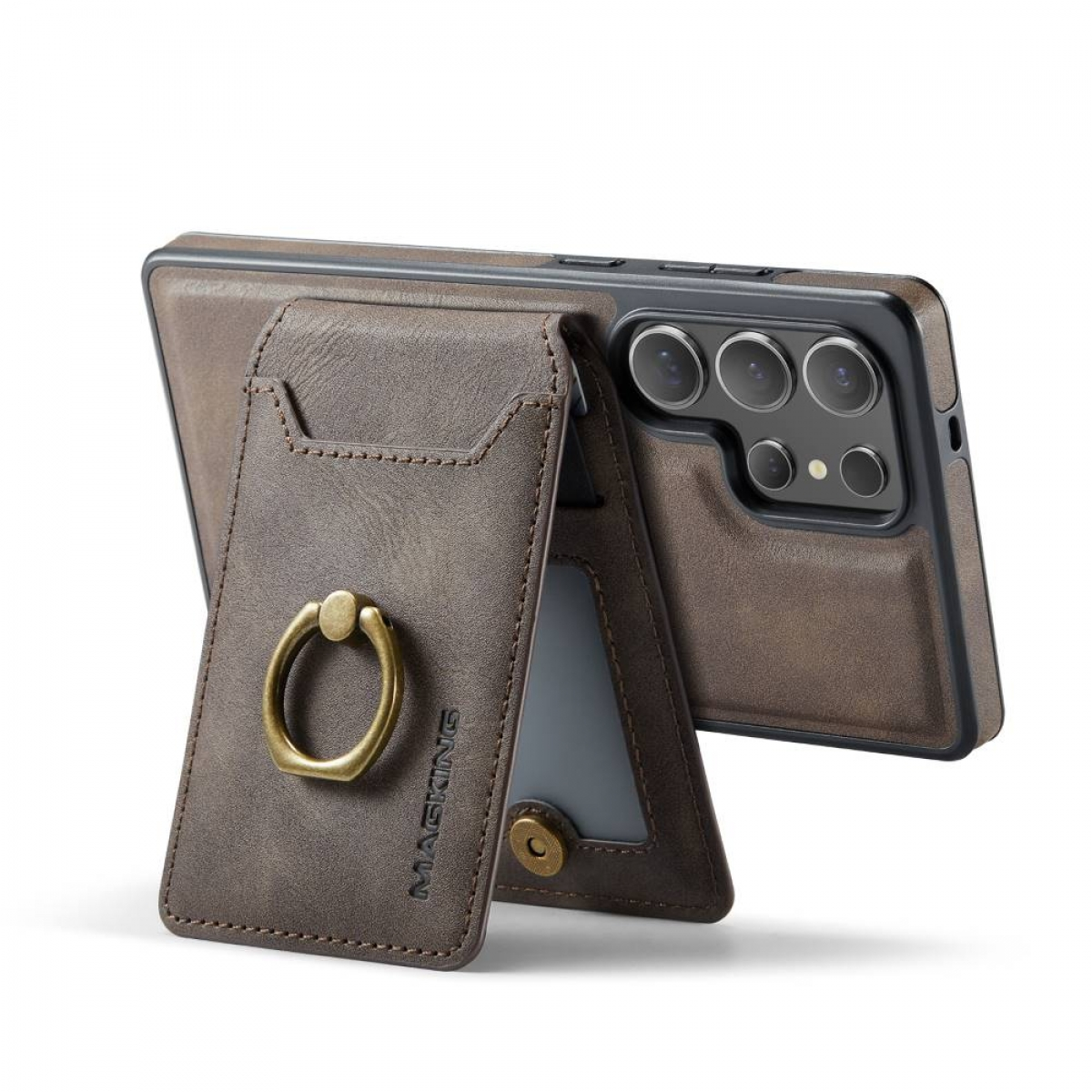 Braune Handyhülle mit Kartenhalter, Ring und Telefon. Es steht.