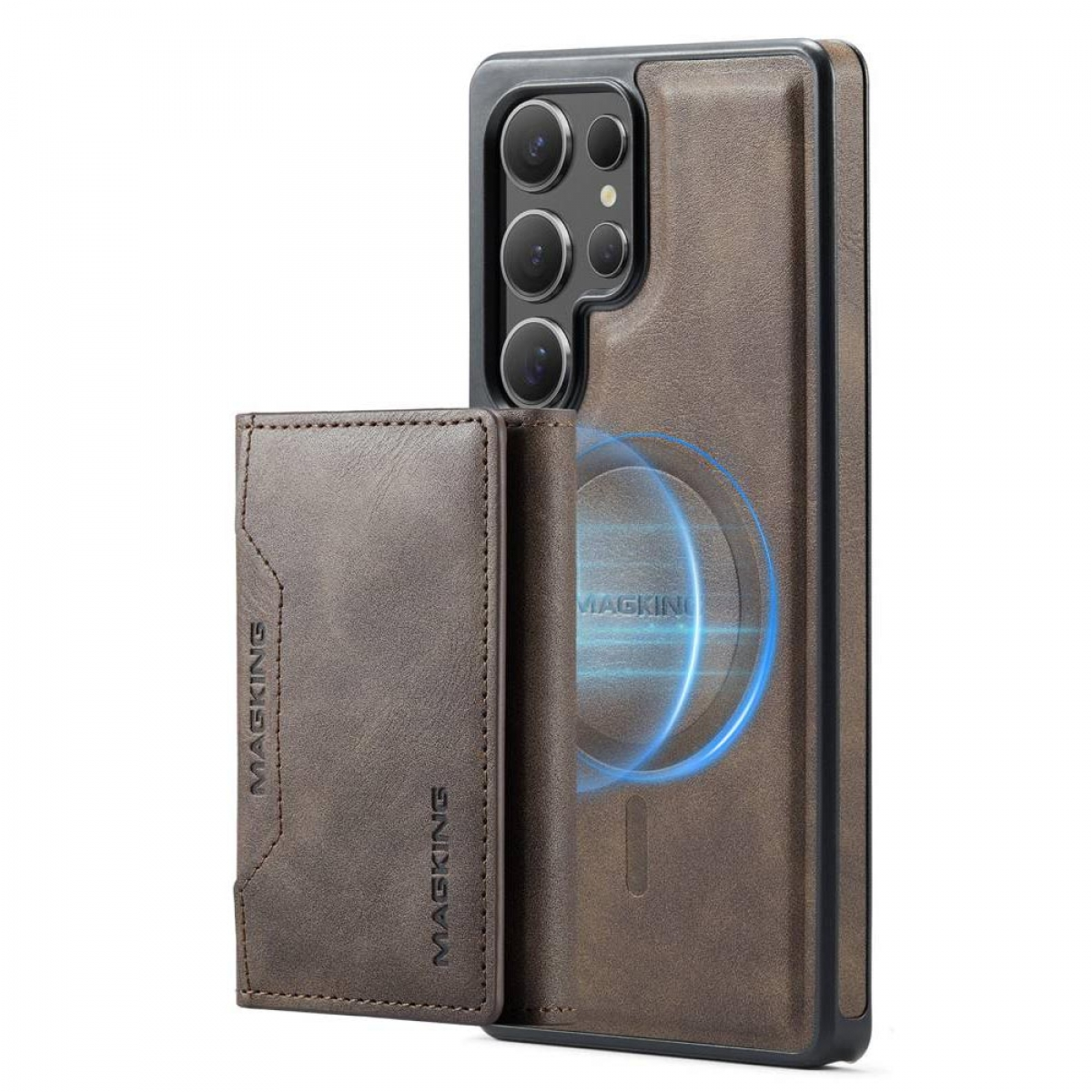 Braune Handyhülle mit Kartenhalter, neben einem braunen Telefon. Mit Magnetkreis.