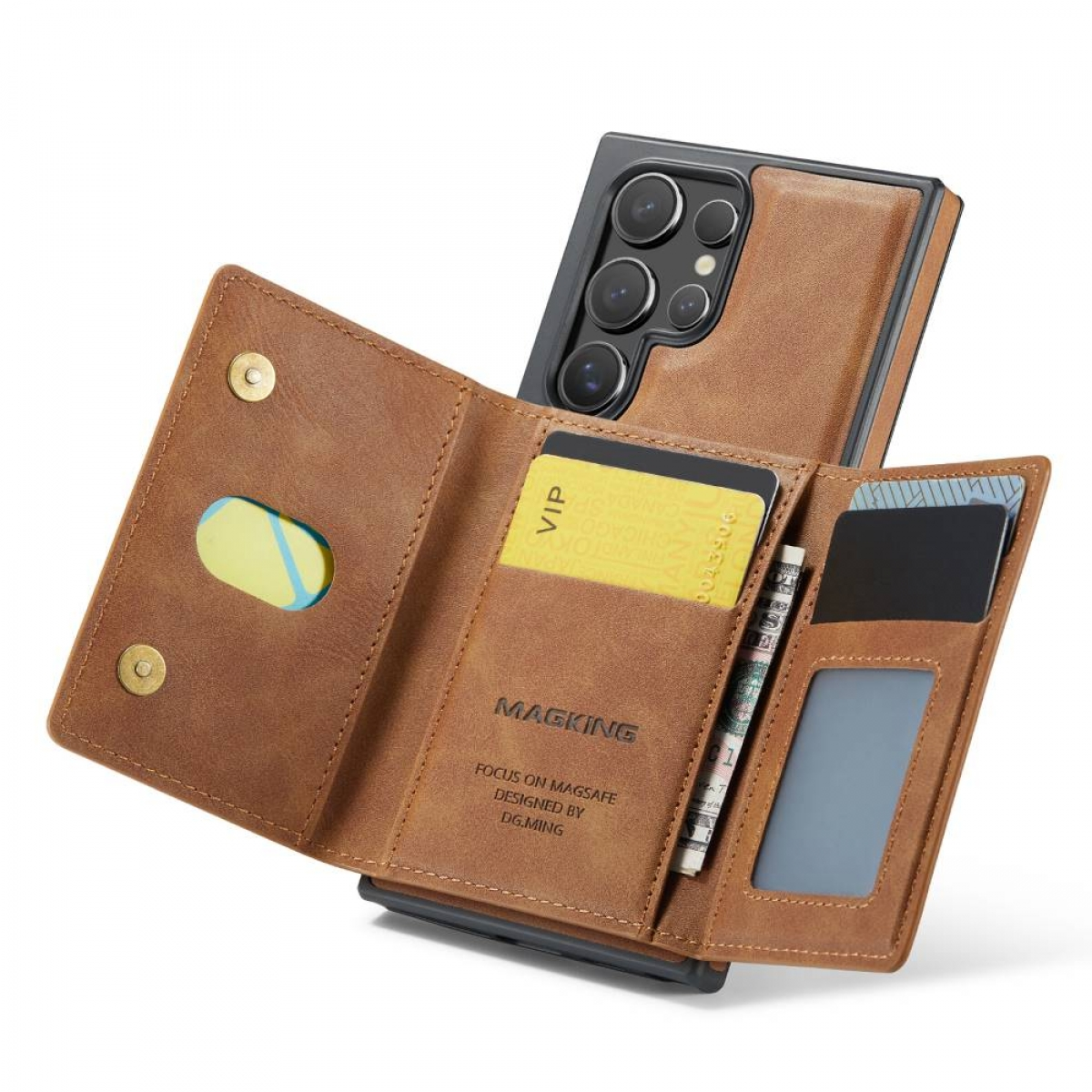 Ein Telefon mit einer Brieftaschentasche, die Karten und einen gelben Gegenstand im Inneren zeigt, in brauner Farbe.