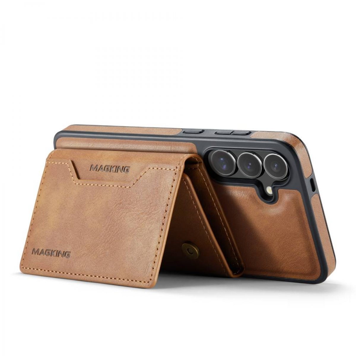 Eine braune Leder-Handyhülle mit Kartenhalter und Telefon.