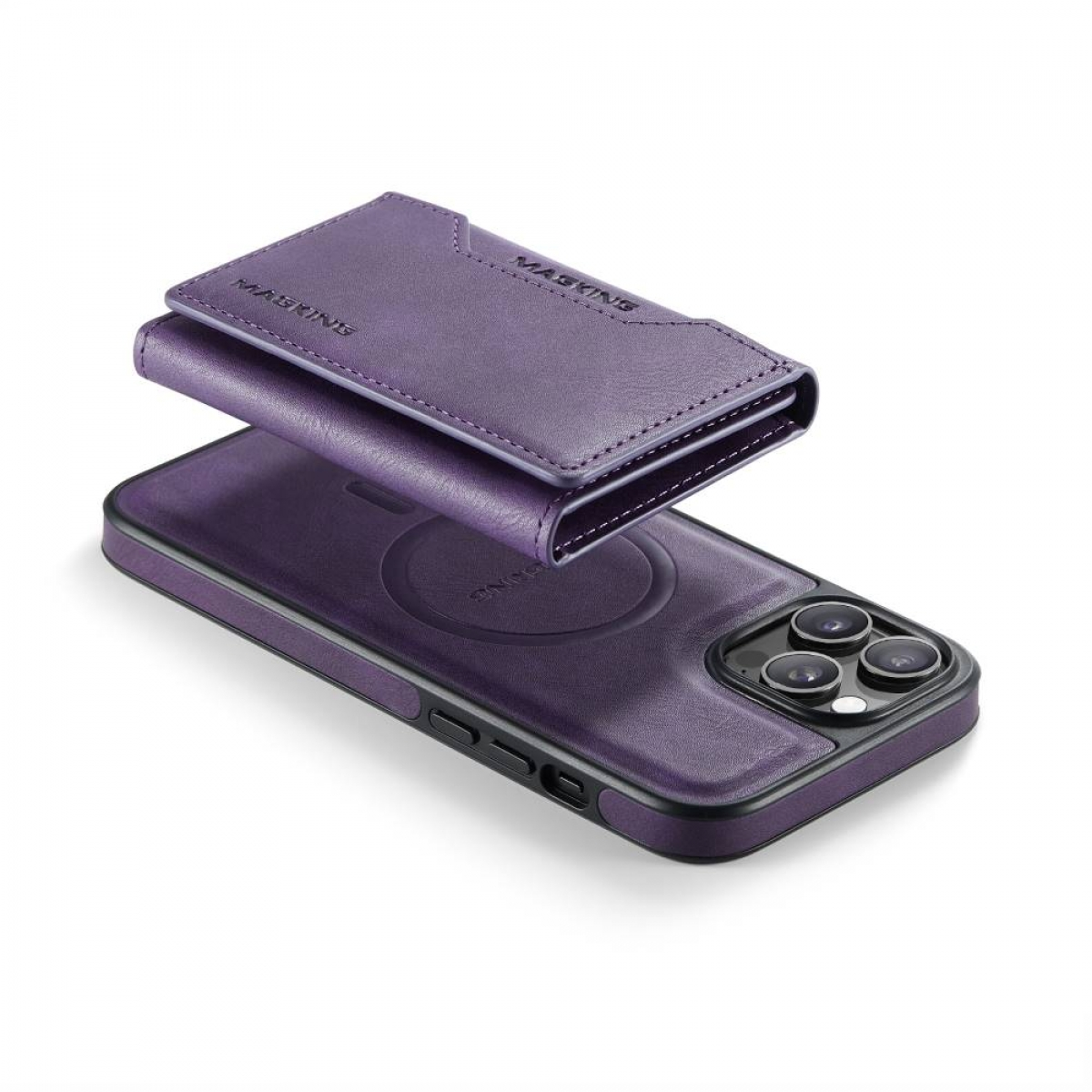Lila Leder-Handyhülle mit separatem Kartenhalter. Ein Telefon liegt auf dem Gehäuse.