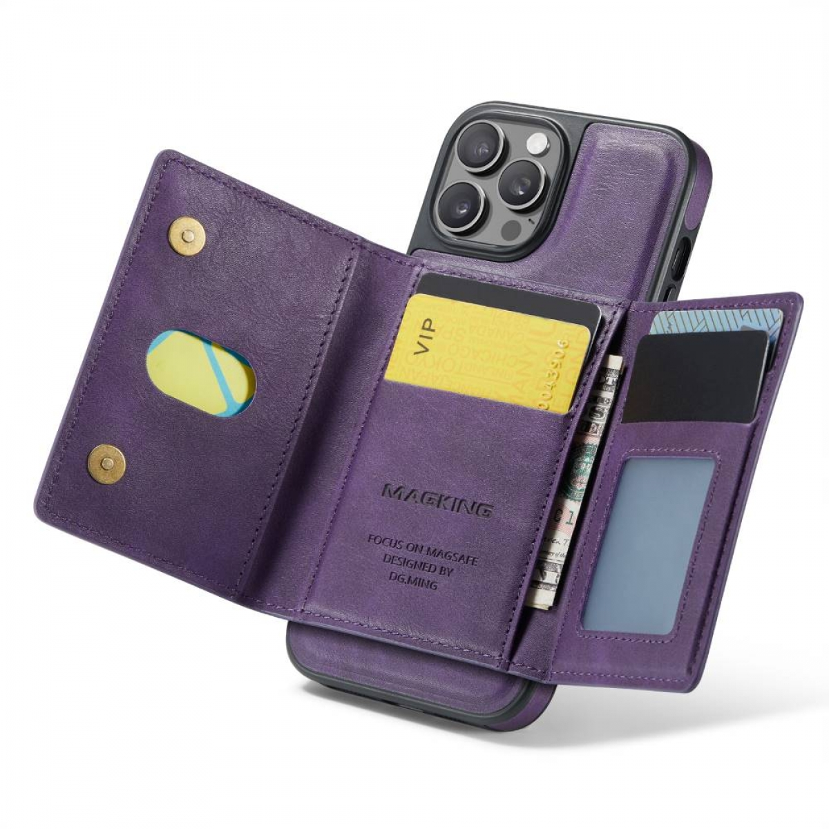 Lila Handyhülle mit Kartenfächern und einem Telefon darin. Karten und Geld sichtbar.