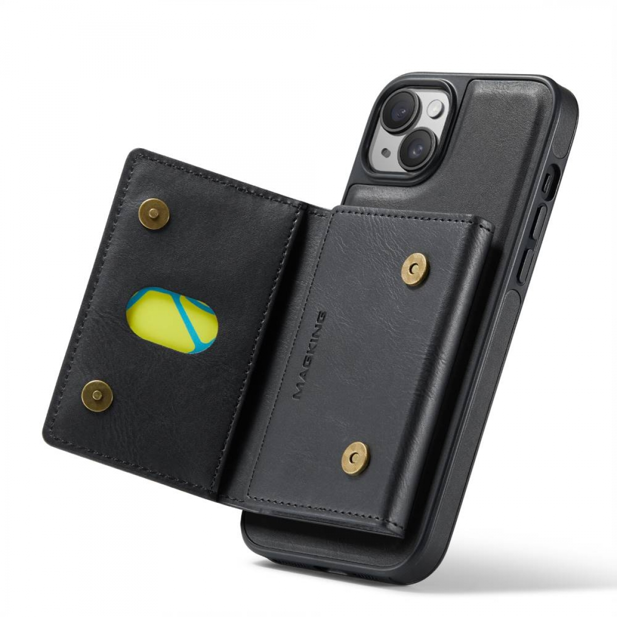 Schwarze Handyhülle mit Geldbörse, die eine Karte hält. Schwarzes iPhone. Weißer Hintergrund.