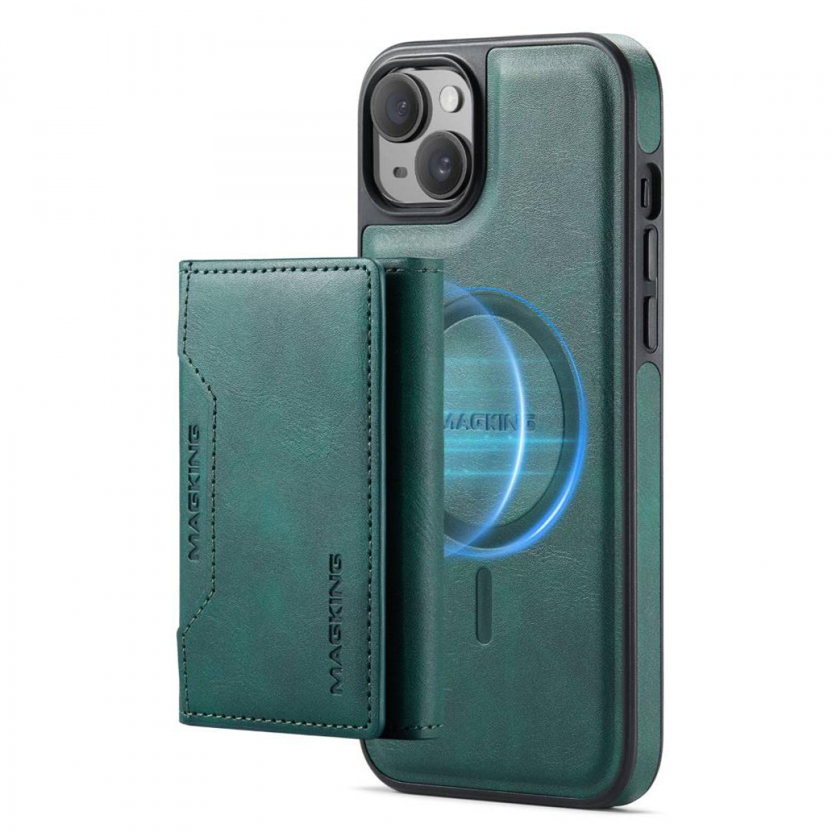 Eine grüne Leder-Handyhülle mit angebrachtem Portemonnaie, neben einem Telefon. Das Portemonnaie hat das Magking-Logo.