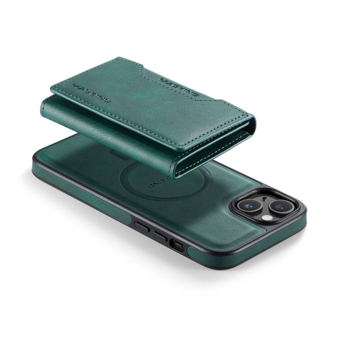 Grüne Leder-Handyhülle mit angebrachtem magnetischem Portemonnaie.