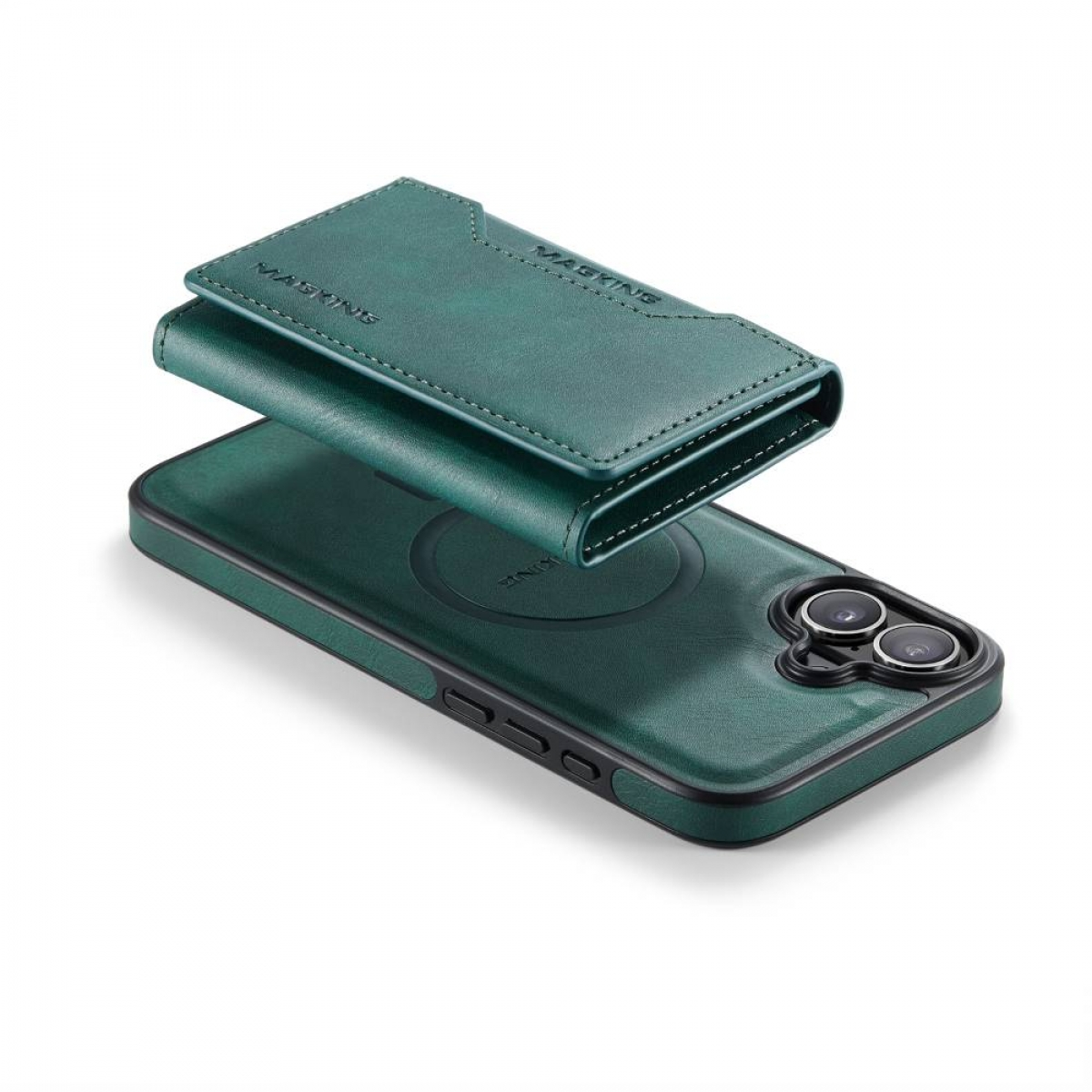 Eine grüne Handyhülle mit einem Portemonnaie, das an einem Telefon befestigt ist.