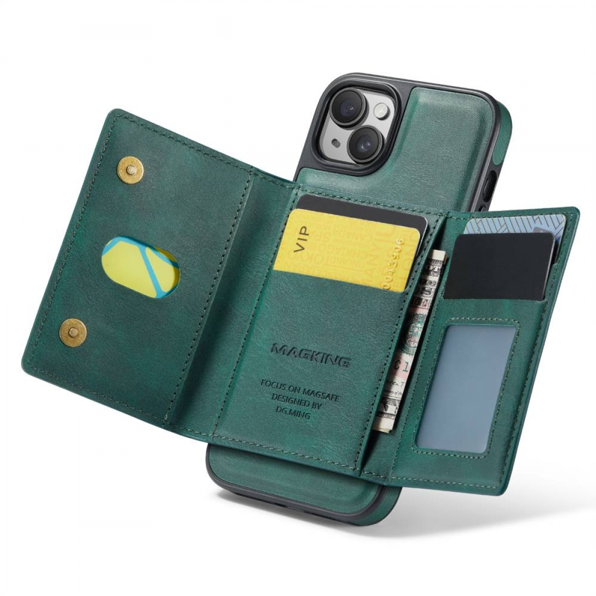 Grüne Handyhülle mit Kartenfächern, hält ein Telefon. Goldakzente und Branding sichtbar.