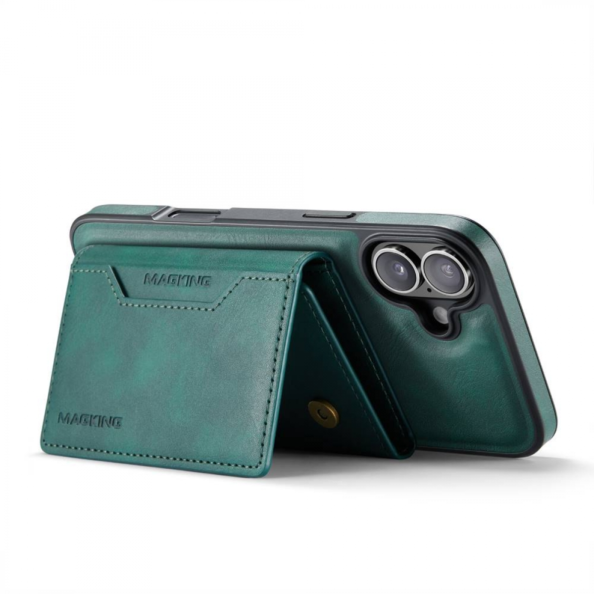 Grüne Leder-Handyhülle mit Brieftaschenfunktion, Telefon an Ort und Stelle. Heller Hintergrund.