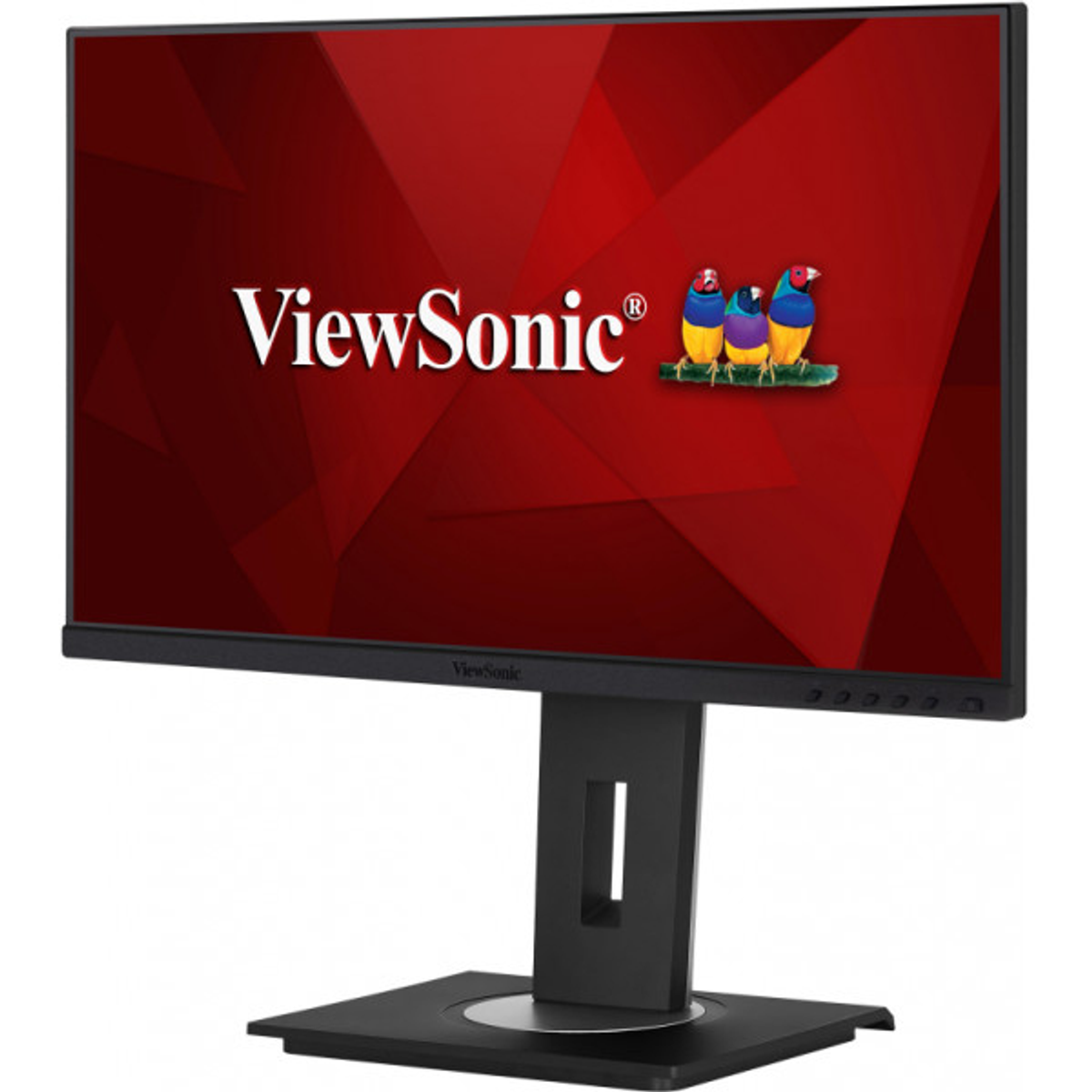 Monitor per computer nero con logo ViewSonic su sfondo rosso, su supporto nero.