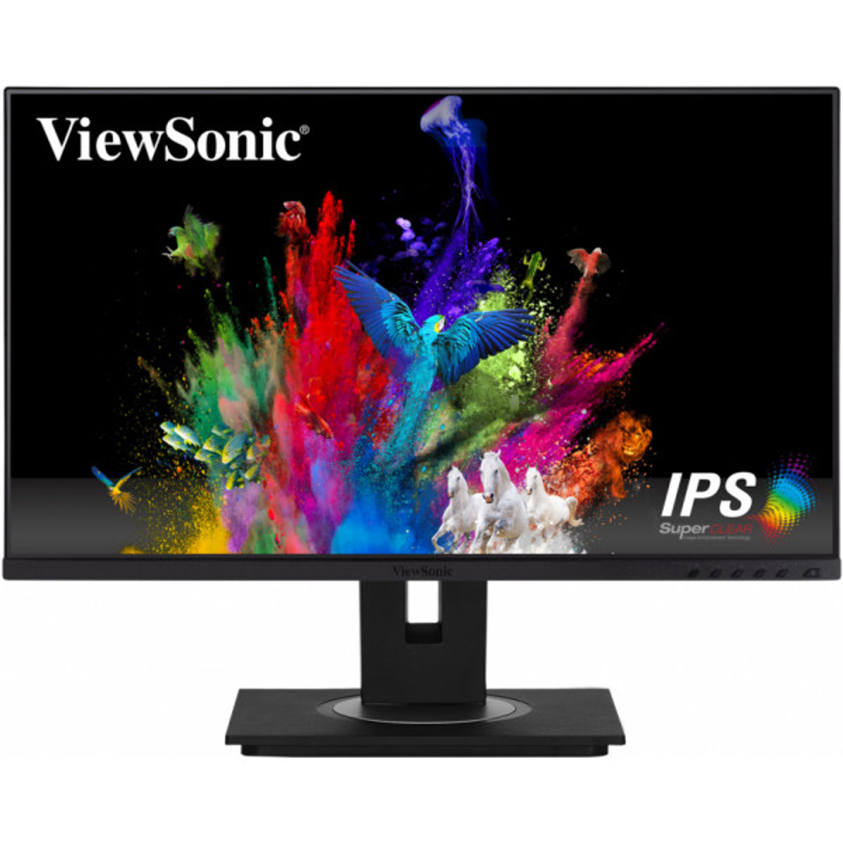 Monitor ViewSonic con arte astratta colorata, con base nera.