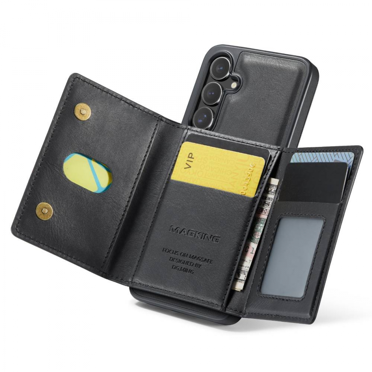 Eine schwarze Handyhülle mit einem Geldbörsenbereich, der eine Karte und Bargeld enthält, auf weißem Hintergrund.