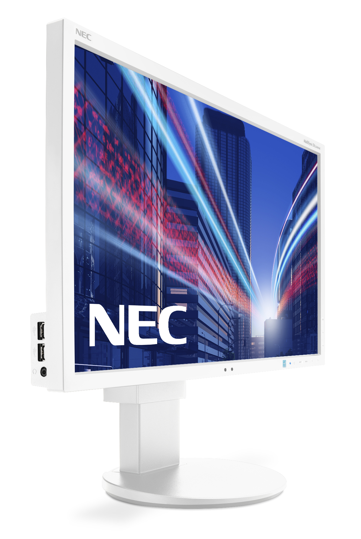 Monitor NEC bianco, vista laterale, con skyline sullo schermo.