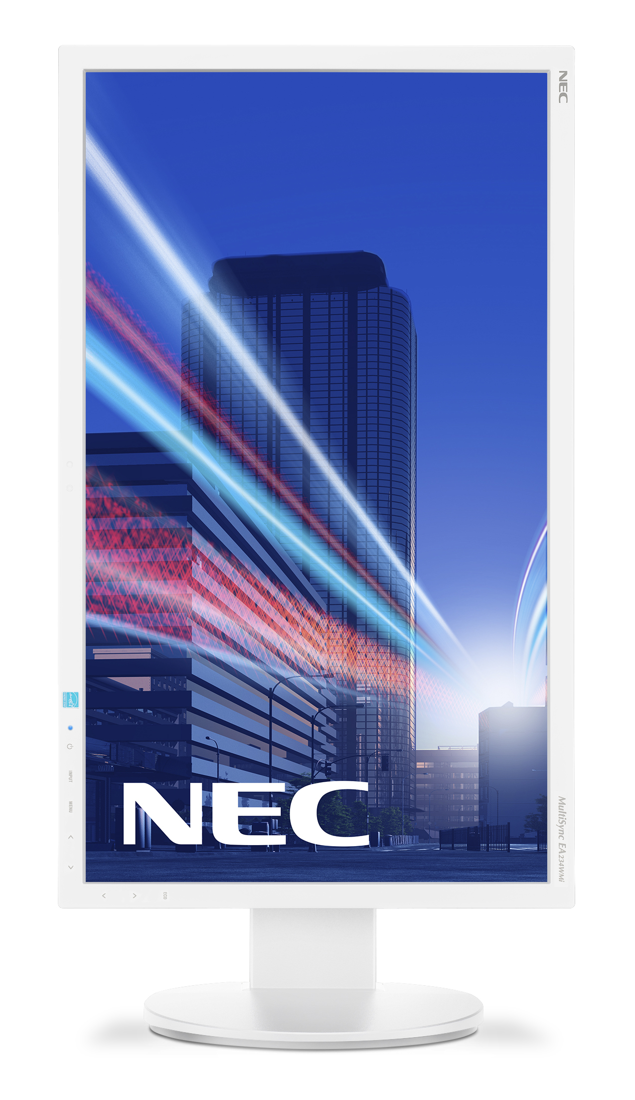 Monitor bianco con scena urbana, logo NEC in basso e supporto bianco.